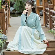 【芸綉坊】漢元素原創傳統交領漢服女裝長袖刺繡上襦魏晉風古裝繡花齊腰襦裙 M/L【上襦+齊腰襦裙+披帛】　M淺綠色