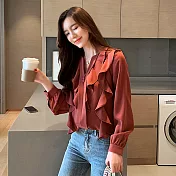 【初色】荷葉V領雪紡衫-共2色-93967(M-2XL可選)M紅色