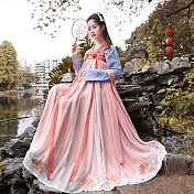【芸綉坊】古裝漢服女中國風齊胸襦裙學生日常仙女裙清新淡雅飄逸改良漢服 M/L　M粉紅色