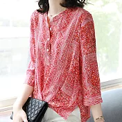 【初色】立領七分袖印花襯衫-紅色-93962(M-2XL可選)M紅色