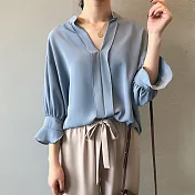 【初色】V領蝙蝠袖套頭襯衫-共4色-93990(M/L可選)M霧藍色