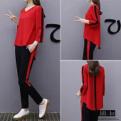 【Jilli~ko】V領條紋配色套裝 J7085 FREE紅色