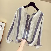 【初色】豎條紋雪紡V領襯衫-淺藍色-92307-(XL可選)XL淺藍色