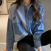 【初色】拼接條紋牛仔襯衫-共2色-94010(M-XL可選)M深藍