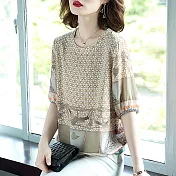 【初色】五分袖印花圓領上衣-卡其色-94015(M-2XL可選)M卡其色