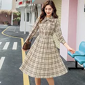 【初色】大領結格子雪紡洋裝-杏色-94003(M-XL可選)M杏色