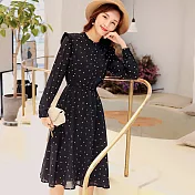 【初色】收腰中長裙波點印花長袖雪紡連衣裙-深藍色-93934(M-2XL可選)M深藍色