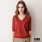 【Jilli~ko】五分袖V領針織衫 L/XL J7082 L桃紅