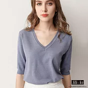 【Jilli~ko】 五分袖V領針織衫 L/XL J7082 L藍色