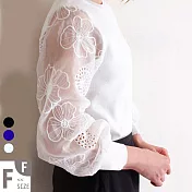 【MsMore】法國香榭麗舍透明纱香水花繡針織長袖上衣#105066F白