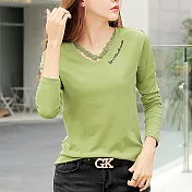 【初色】V領修身刺繡T恤-共4色-94041(M-2XL可選)M抹茶綠