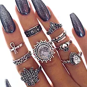 AmaZing 超值!民族風浮誇9件套組關節戒指_銀色
