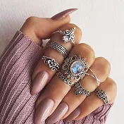 AmaZing 超值!花漾民族風晶鑽雕花8件組戒指_銀