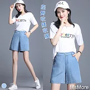 【MsMore】冰絲沁涼感顯瘦A字高腰後鬆緊五分短褲106225XL藍