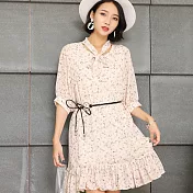 【MsMore】韓系美人輕柔雪紡印花洋裝-附皮帶#102117M粉紅