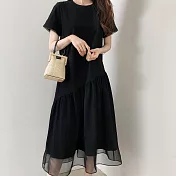 【MsMore】韓國文藝純色拼接網紗棉麻洋裝#106407M黑
