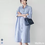 【MsMore】韓國氣質寬鬆舒適中長條紋開襟襯衫#106527 M 藍