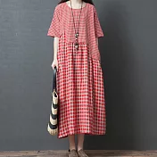 【A.Cheter】京都復古大小格拼接棉麻舒適涼爽洋裝#106810 XL 紅