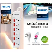 【PHILIPS 飛利浦】過載防護型 6開6插3孔延長線 (1.8米)白色