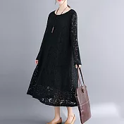 【MsMore】法國香風蕾絲彈力寬鬆長袖洋裝#107461M黑