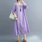 【MsMore】法國香風蕾絲彈力寬鬆長袖洋裝#107461M紫