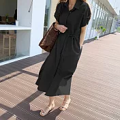 【MsMore】韓國時尚慵懶風棉麻襯衫長洋裝#107546 F 黑