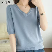 【初色】簡約V領五分袖針織衫-共9色-98365(M-2XL可選) L 霧霾藍