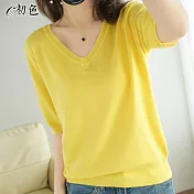 【初色】簡約V領五分袖針織衫-共9色-98365(M-2XL可選) L 黃色