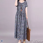 【ACheter】文藝小碎花棉麻抽繩收腰長洋裝#109086- L 藍