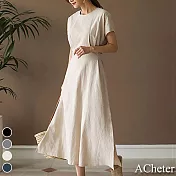 【ACheter】韓版淑女氣質蝴蝶結收腰大裙棉麻洋裝#109159- M 杏