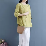 【ACheter】甜美佳人文藝刺繡寬鬆棉麻上衣#109104- XL 綠