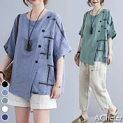 【ACheter】大碼藝術印花拼接棉麻感寬鬆上衣#109113- F 天空藍