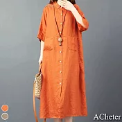 【ACheter】文藝氣息短袖開襟式兩穿式襯衫棉麻洋裝#109218- L 橘