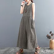 【ACheter】文青仲夏棉麻背心式設計連身寬褲#109212- XL 格子