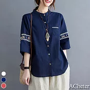 【ACheter】日雜知性立體刺繡五分袖襯衫#109213- L 藏青