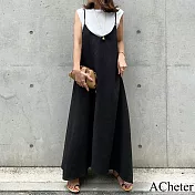 【ACheter】2021韓國新品純色時尚棉麻吊帶背心長洋裝#109236- F 黑