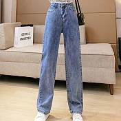 【MsMore】韓星泫雅高腰顯瘦直筒寬鬆薄款經典顯瘦牛仔褲#109342- L 深藍(全長)