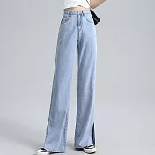 【MsMore】韓風有氧天冰絲垂感柔滑寬鬆直筒牛仔褲#109343- M 藍