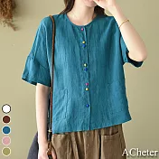 【ACheter】彩釦天絲麻雅致寬鬆外套式上衣#109298- 3XL 藍