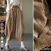 【ACheter】日本復古亞麻棉休閒鬆緊腰寬鬆九分燈籠褲#109646- 2XL 棕