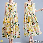 【ACheter】莫內藝術印花涼爽大碼收腰抽繩棉麻寬鬆洋裝#109677- M 印花