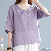 【ACheter】盤扣美人刺繡寬鬆棉麻上衣#109879- L 紫