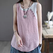 【ACheter】寬鬆薄款不對稱側邊撞色拼接棉麻背心#109929- XL 淺粉