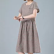 【ACheter】日式大小格拼接寬鬆棉麻洋裝#109964- 2XL 卡其