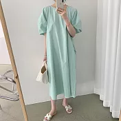 【MsMore】韓國千金泡泡袖棉麻洋裝#110009- F 綠