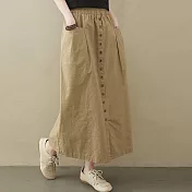 【ACheter】棉質大口袋開衩寬鬆鬆緊腰顯瘦長裙#110045- L 卡其