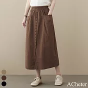 【ACheter】棉質大口袋開衩寬鬆鬆緊腰顯瘦長裙#110045- XL 咖