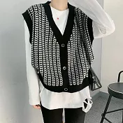 【AMIEE】格紋V領排扣寬版針織背心(KDT-8611) S 黑色