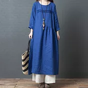 【AMIEE】設計感舒適亞麻長洋裝(KDD-8689) 2XL 藍色