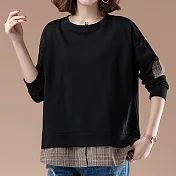 【ACheter】韓國藝文薄款格子拼接棉T寬鬆上衣#110671- M 黑